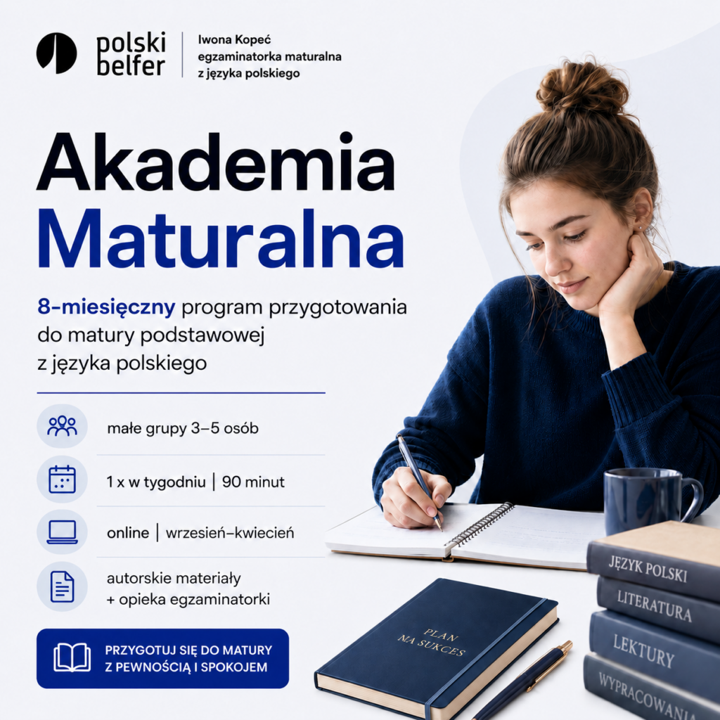 Zajęcia online w małej grupie, autorskie materiały, regularna praca i wsparcie egzaminatorki maturalnej.