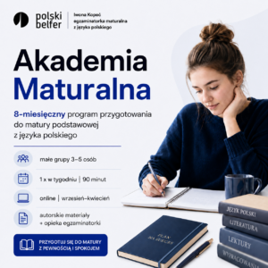 Zajęcia online w małej grupie, autorskie materiały, regularna praca i wsparcie egzaminatorki maturalnej.